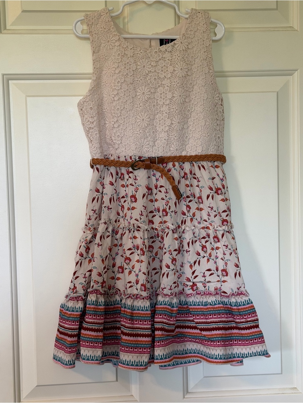 lilt Cream Lace Bodice Floral Tiered Dress with Tan Belt